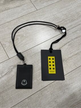Moncler x Palm angels Black Leather Neck Lanyard Card Holder with Yellow Tag